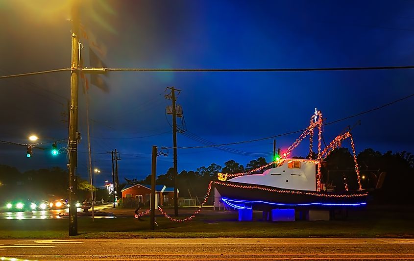 A shrimp boat is decorated with Christmas lights at Veterans' Park in Bayou La Batre, Alabama.