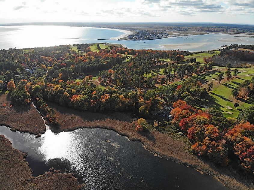 Aerial view of colorful autumn foliage over the Scarborough Beach State Park