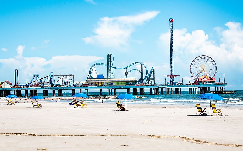 Pleasure Pier along the coast of Galveston Island in Texas.