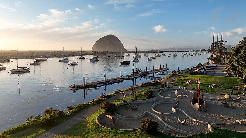 Coastal city of Morro Bay, California, showcasing the beach and bay.