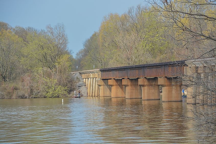 A Railroad bridge over Lake Dardanelle reservoir on the Arkansas River in Clarksville, Arkansas