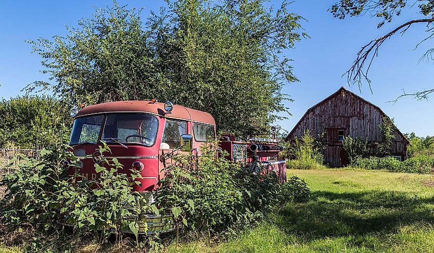 This fire truck was abandoned in Elgin, Oklahoma.