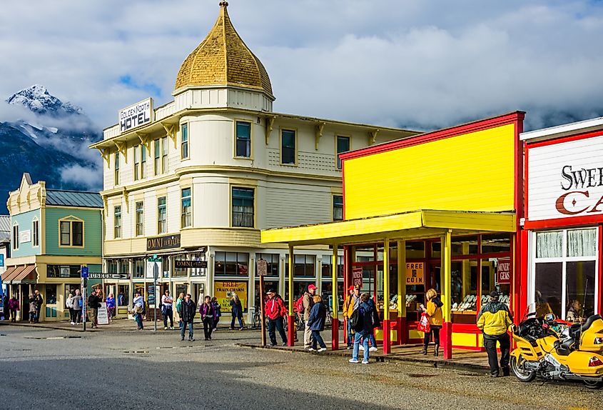 Skagway, Alaska, colorful storefronts line the street in the downtown.
