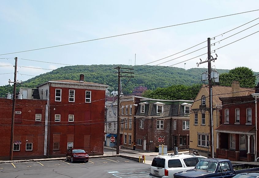 Street view of Pottsville, Pennsylvania, with the historic Yuengling brewery in the background.