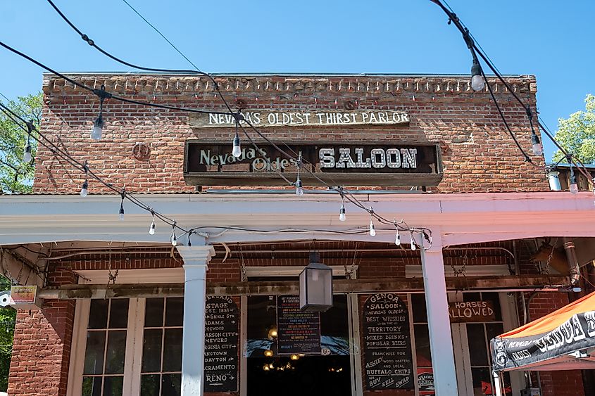 Nevada’s oldest bar, front view, brickwork historic building in Genoa. Editorial credit: AlessandraRC / Shutterstock.com