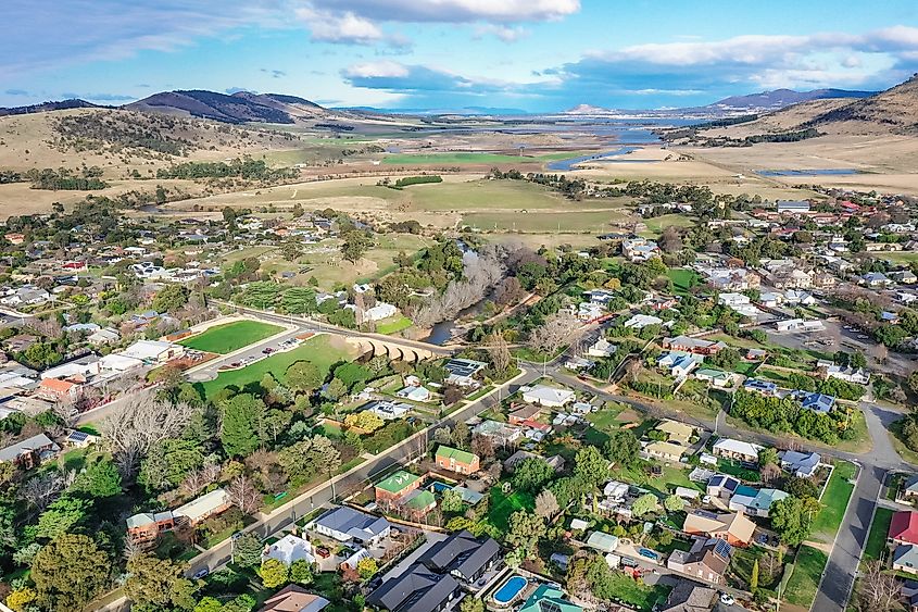 Aerial view of the historic village of Richmond near Hobart in Tasmania, Australia. 