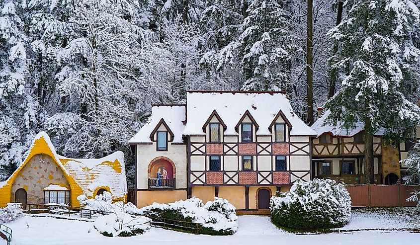 Snow covered buildings at a theme park near Salem, Oregon.