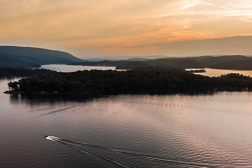 Aerial view over Raystown Lake, Huntingdon County Pennsylvania, during the summer.