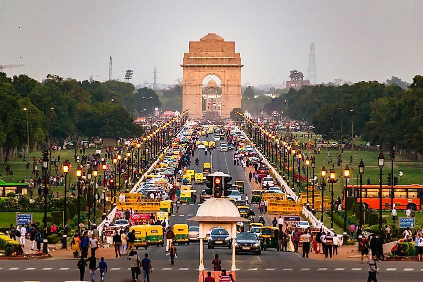 India Gate in Delhi in the distance is a major landmark of this ever-busy city. Editorial credit: Amit kg / Shutterstock.com
