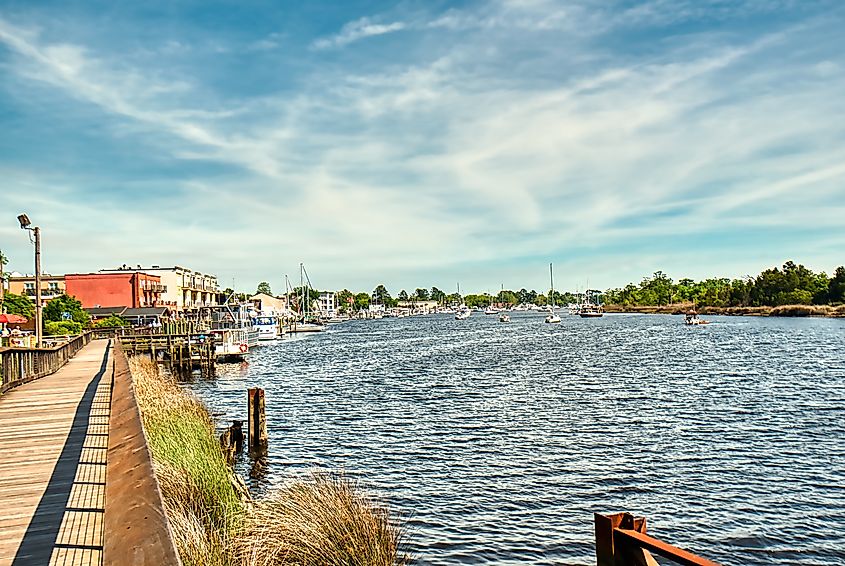 Boardwalk along the river in Georgetown, South Carolina, with the marina in the background.