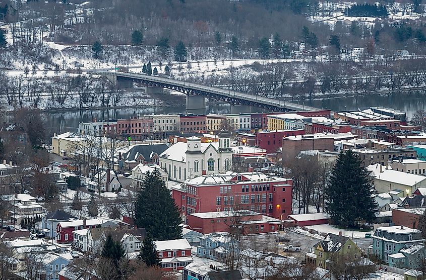 Aerial view of the small village of Owego in New York State during Winter.