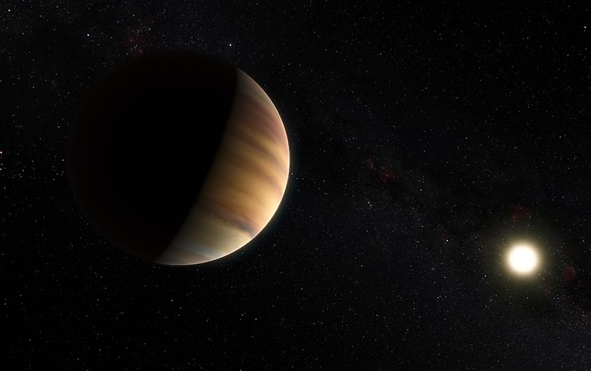 This artist’s view shows the hot Jupiter exoplanet 51 Pegasi b, sometimes referred to as Bellerophon, which orbits a star about 50 light-years from Earth. Image Credit skysurvey.org via Wikimedia.