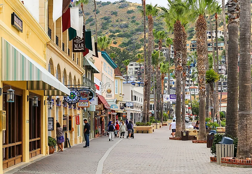 The boardwalk in Avalon (Santa Catalina Island) with shops on the left. Editorial credit: Michael Rosebrock / Shutterstock.com