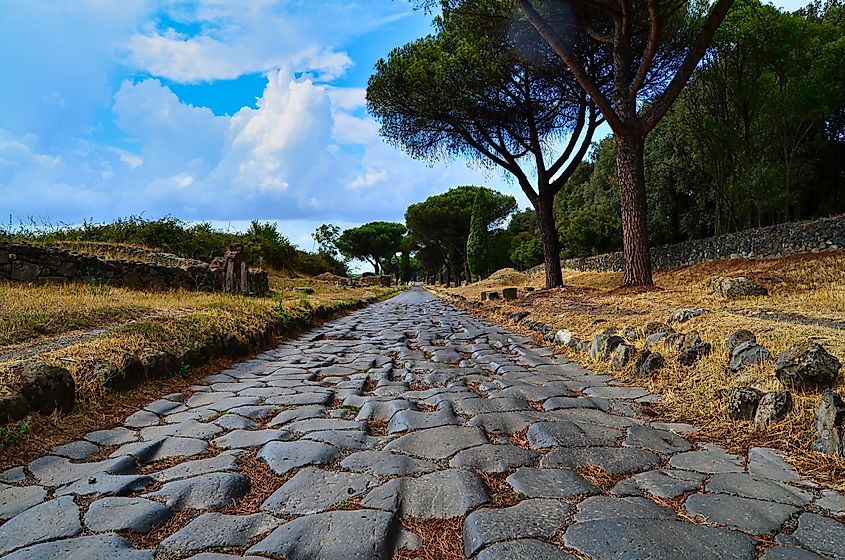 The ruins of the Via Appia Antica in Rome, Italy.
