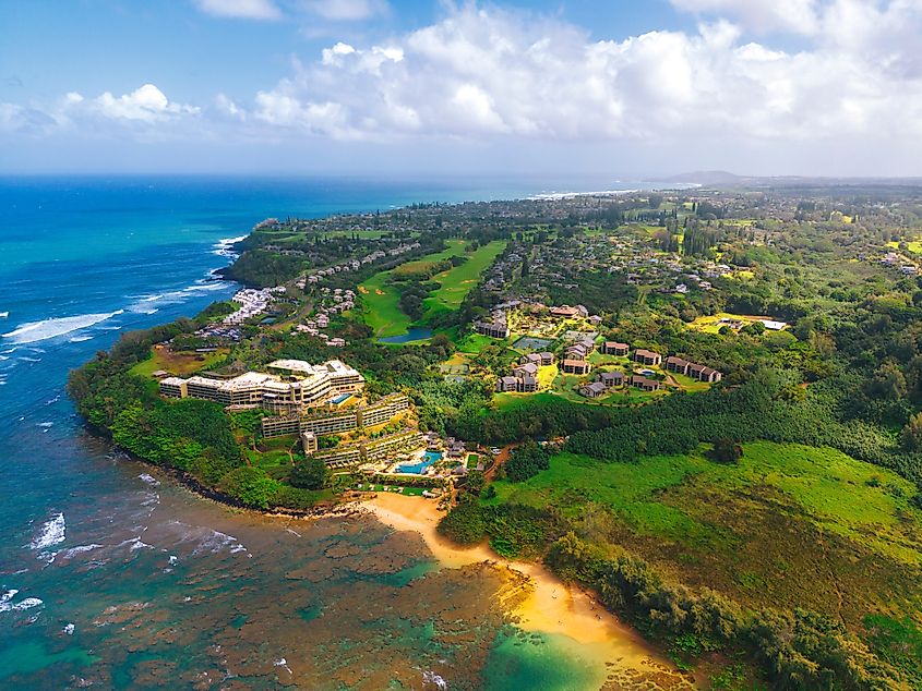 Aerial view of Princeville in Kauai, Hawaii, USA.