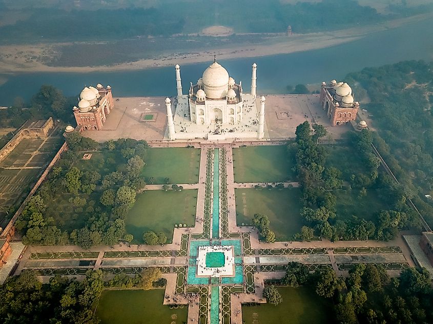 Aerial image of the Taj Mahal and surrounding gardens