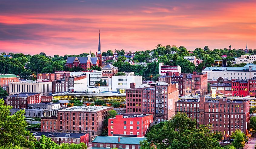 Lynchburg, Virginia, USA downtown city skyline at dusk.