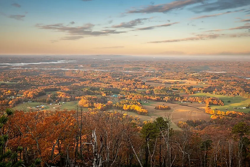 Autumn view of the Piedmont from Little Pinnacle at Pilot Mountain State Park in Pinnacle, North Carolina.