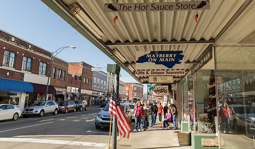 A group of tourist stroll down Main Street in the town that Mayberry from the Andy Griffith show was modeled after.