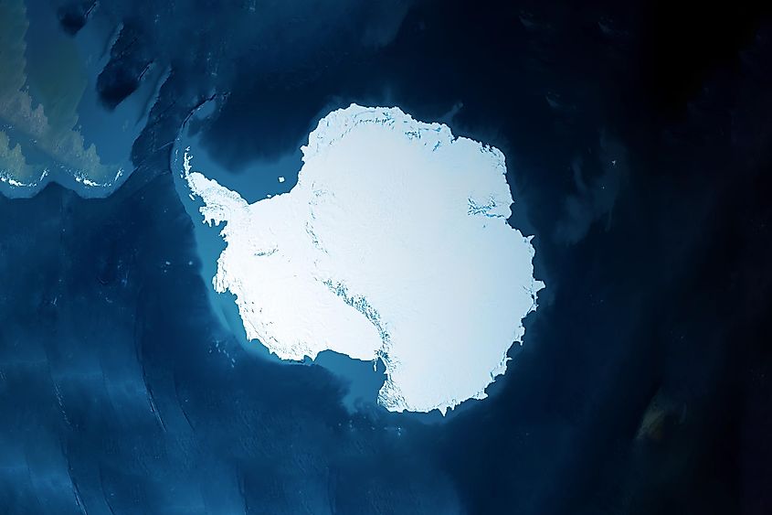 A satellite image of Antarctica showing the continent covered in ice sheet.