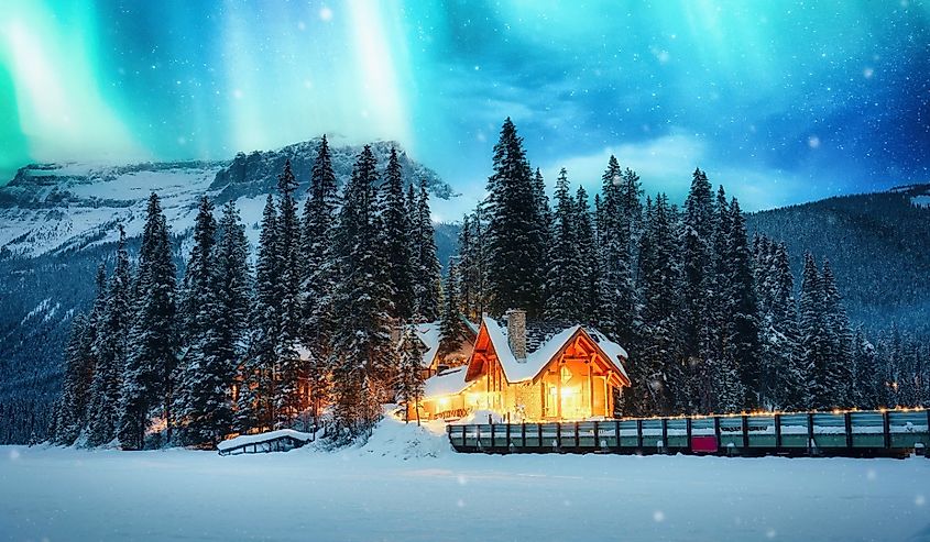 Looking out at Emerald Lake Lodge in the winter.