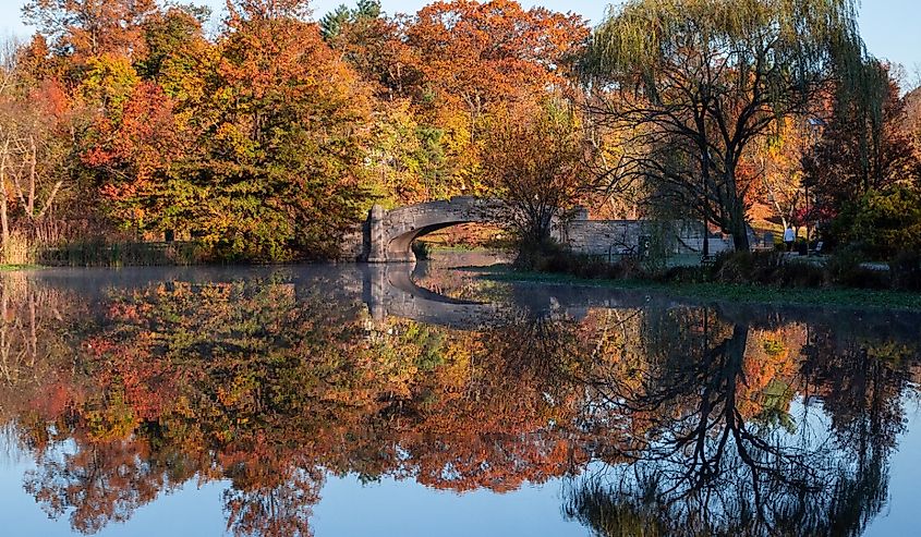 Fall foliage around bridge at Verona Park in New Jersey