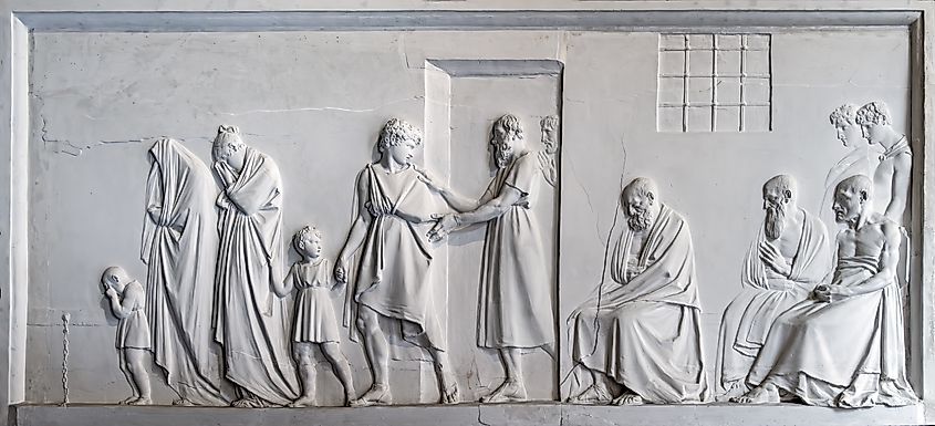 Sculpture by Antonio Canova depicting the moment Socrates bids farewell to his friends and family