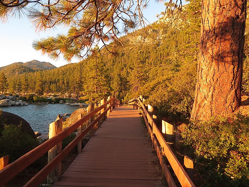 Sandy beach and turquoise waters at Sand Harbor in Lake Tahoe Nevada State Park, near Incline Village.