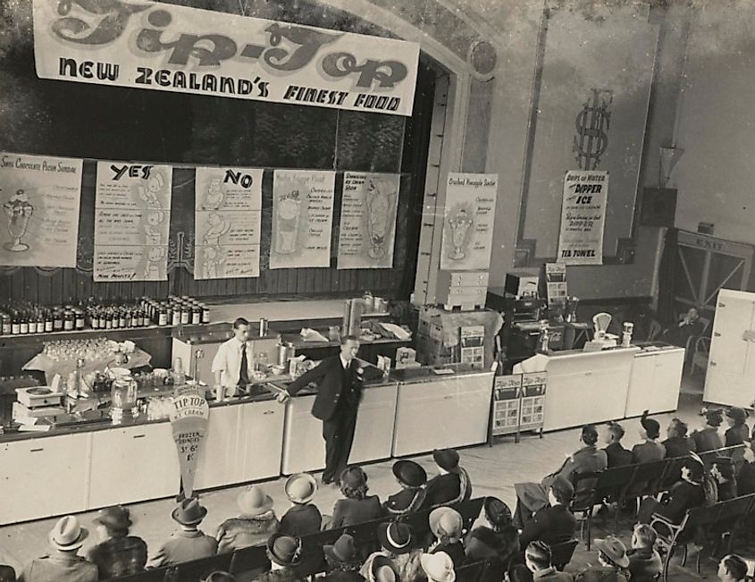 Sales presentation at a Tip Top Ice Cream conference, Wellington, 1940s. Image Credit Auckland Libraries Heritage Images Collection via Wikimedia.