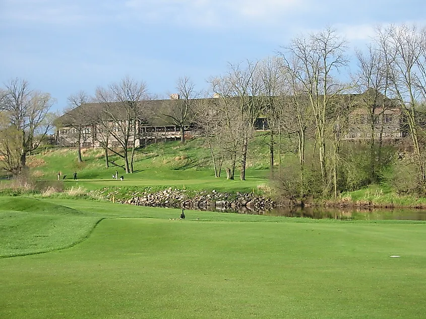A view of the clubhouse from the 18th hole at Blackwolf Run in Kohler, WI.