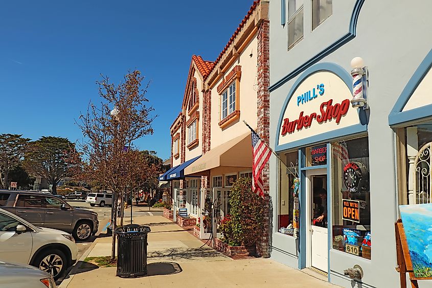 Shops and other business buildings on Lighthouse Avenue, the main road through Pacific Grove, California