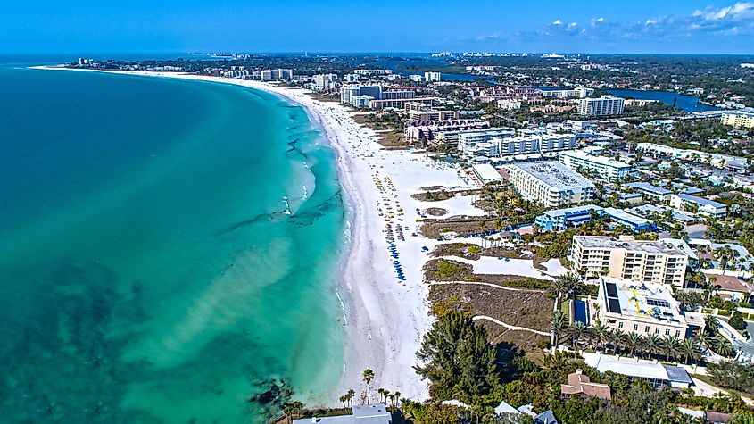 Drone Fly view over the beach in Siesta Key, Florida.