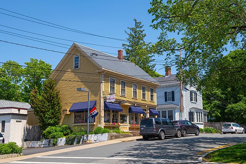 Historic commercial buildings on Main Street in historic town center of Ipswich, Massachusetts