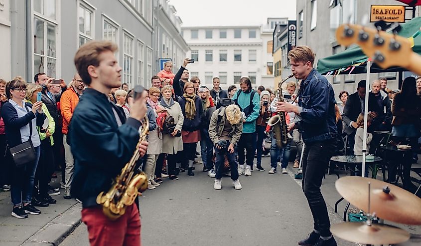 Jazz band playing to the crowd of people on a street at the day of "Culture Night" of Reykjavik