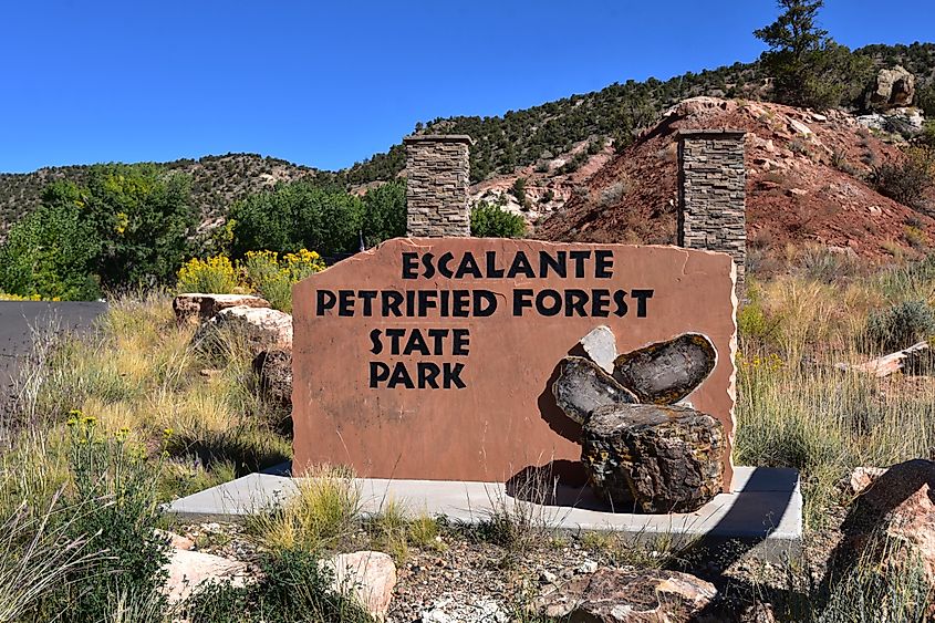 Sign for Escalante Petrified Forest State Park in Utah.