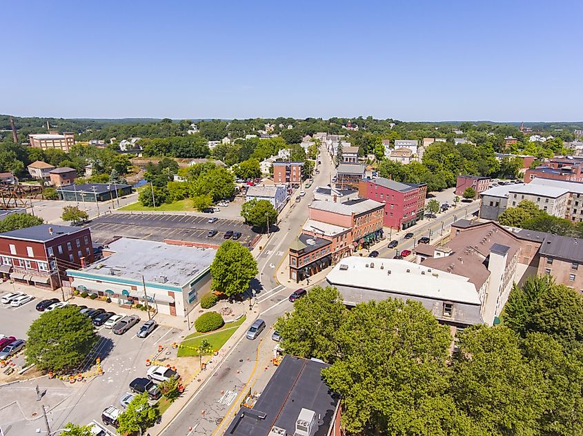 Aerial view of the Main Street Historic District in downtown Woonsocket, Rhode Island.