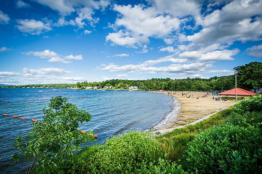 View of Endicott Rock Park Beach along Lake Winnipesaukee in Weirs Beach, Laconia, New Hampshire.