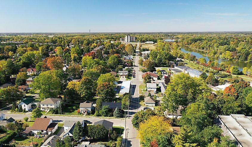 An aerial view of Waterford, Ontario, Canada in the autumn