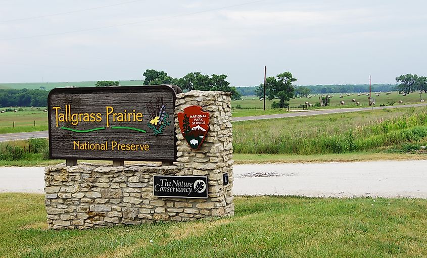 Entry sign to the visitor center at Tallgrass Prairie National Preserve in Flint Hills, Kansas