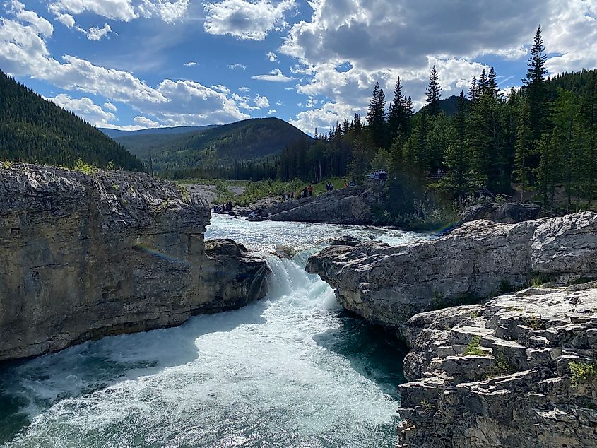 A small waterfall known as Elbow Falls cuts through the rocks and evergreens of the Rocky Mountain foothills