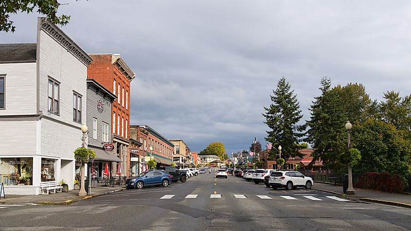 View along 1st Avenue in downtown Snohomish, Washington.