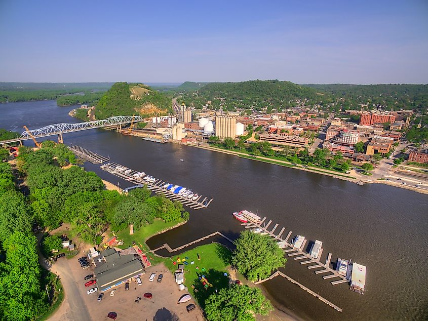 Panoramic aerial view of Red Wing, Minnesota along the Mississippi River.