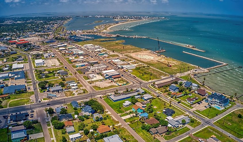 Aerial View of the Coastal Town of Rockport, Texas on the Gulf of Mexico