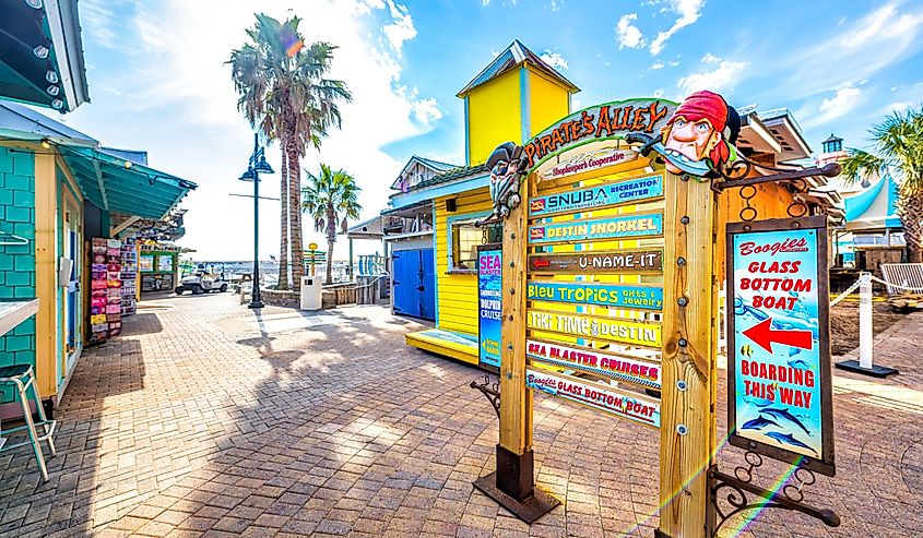 Harbor Boardwalk Pirate's Alley on sunny winter day in Florida panhandle Gulf of mexico