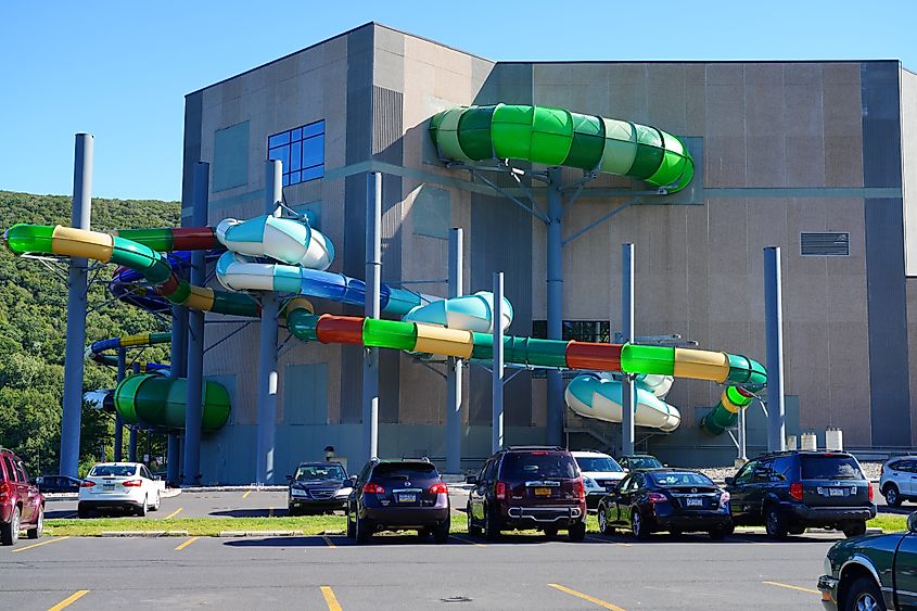 View of the Aquatopia indoor waterpark at Camelback Mountain Resort in Tannersville, Pennsylvania, located in the Poconos mountains.