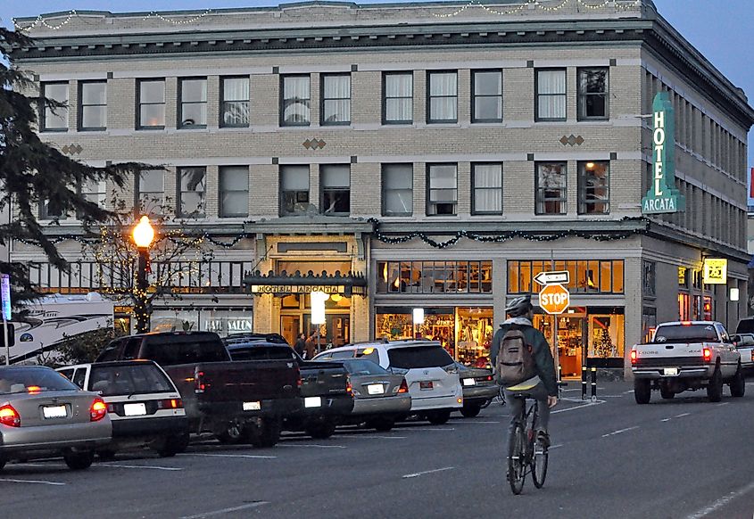 Downtown Arcata California at dusk during Christmas