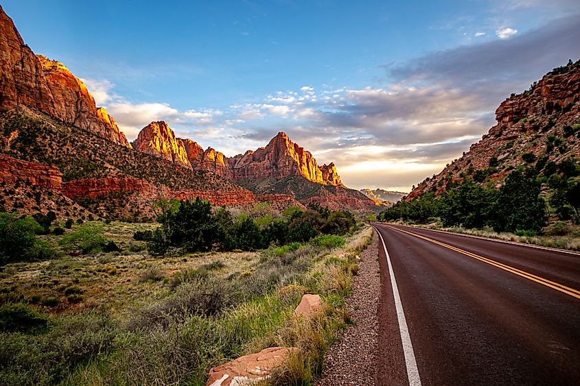 Scenic view of Zion National Park, Utah, along the roadside.