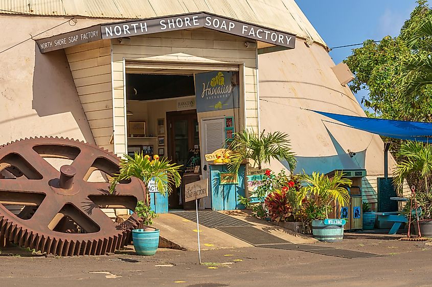 Waialua, Hawaii / USA- April 13 2019: The North Shore soap factory and shop at the old sugar mill in Waialua Hawaii making soap and lotions.