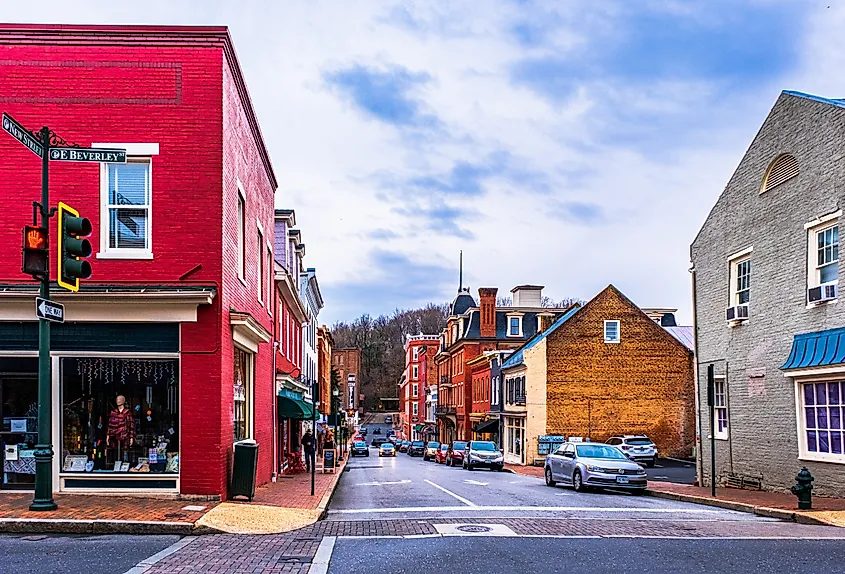 Downtown road and commercial buildings on historic New Street, Staunton, Virginia.