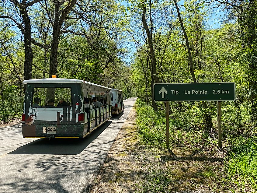 A tourist shuttle heads out on a paved forest road, past a green sign indicating an attraction known as the "Tip" or "La Pointe" in French.